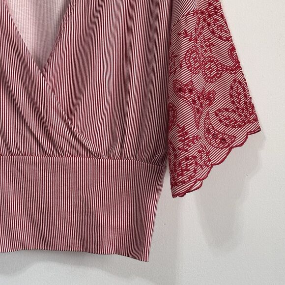 Zara Top M Surplice Crop Smocked Red Stripe Embroidered Half Sleeve Popover Boho - Picture 2 of 10